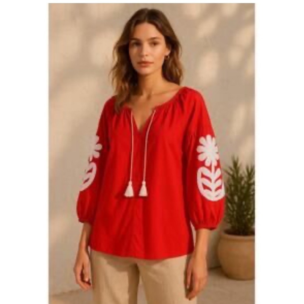 J.Crew Red Boho Peasant Blouse Embroidered Puff Sleeve Tassel Tie Cottagecore S